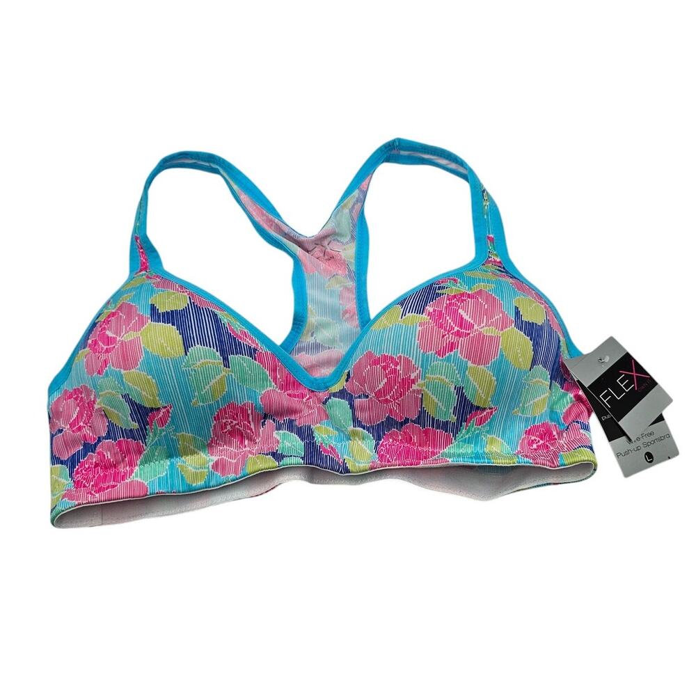 Flex Womens Sz L Wire Free Push Up Sports Bra Colorful Floral NEW